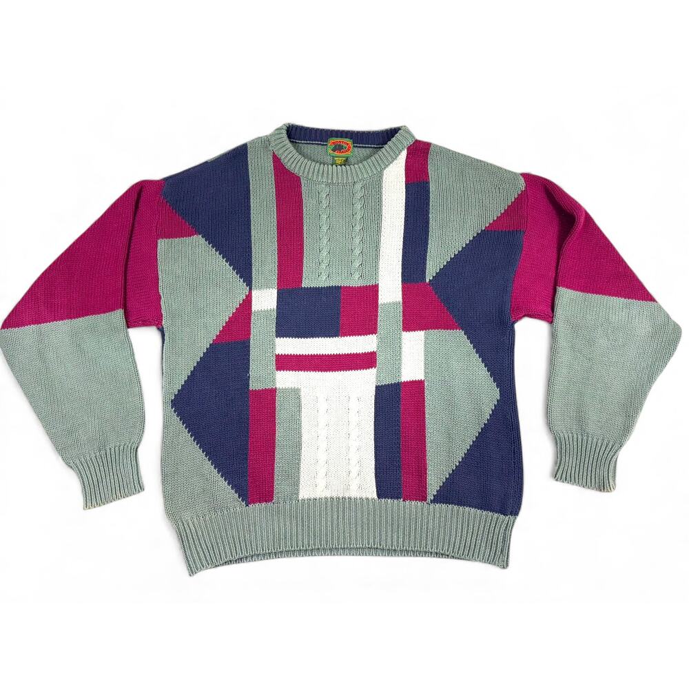 Vintage Boston Traders Knit Sweater Men's LARGE Cotton Geometric Multicolor READ